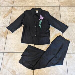 Bob Mackie Womens Large Pant Suit Set Black Embroidered Floral Iris Linen Blend